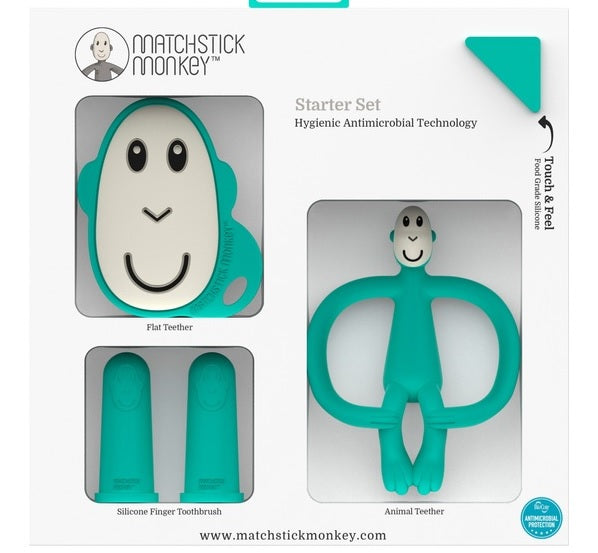 Matchstick monkey starter set green, (flat face teether , finger tooth -  Tony Kealys